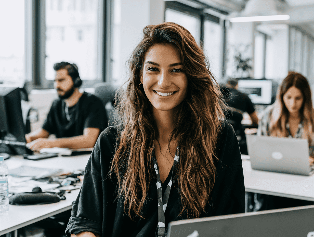Someone smiling at their desk in an open office