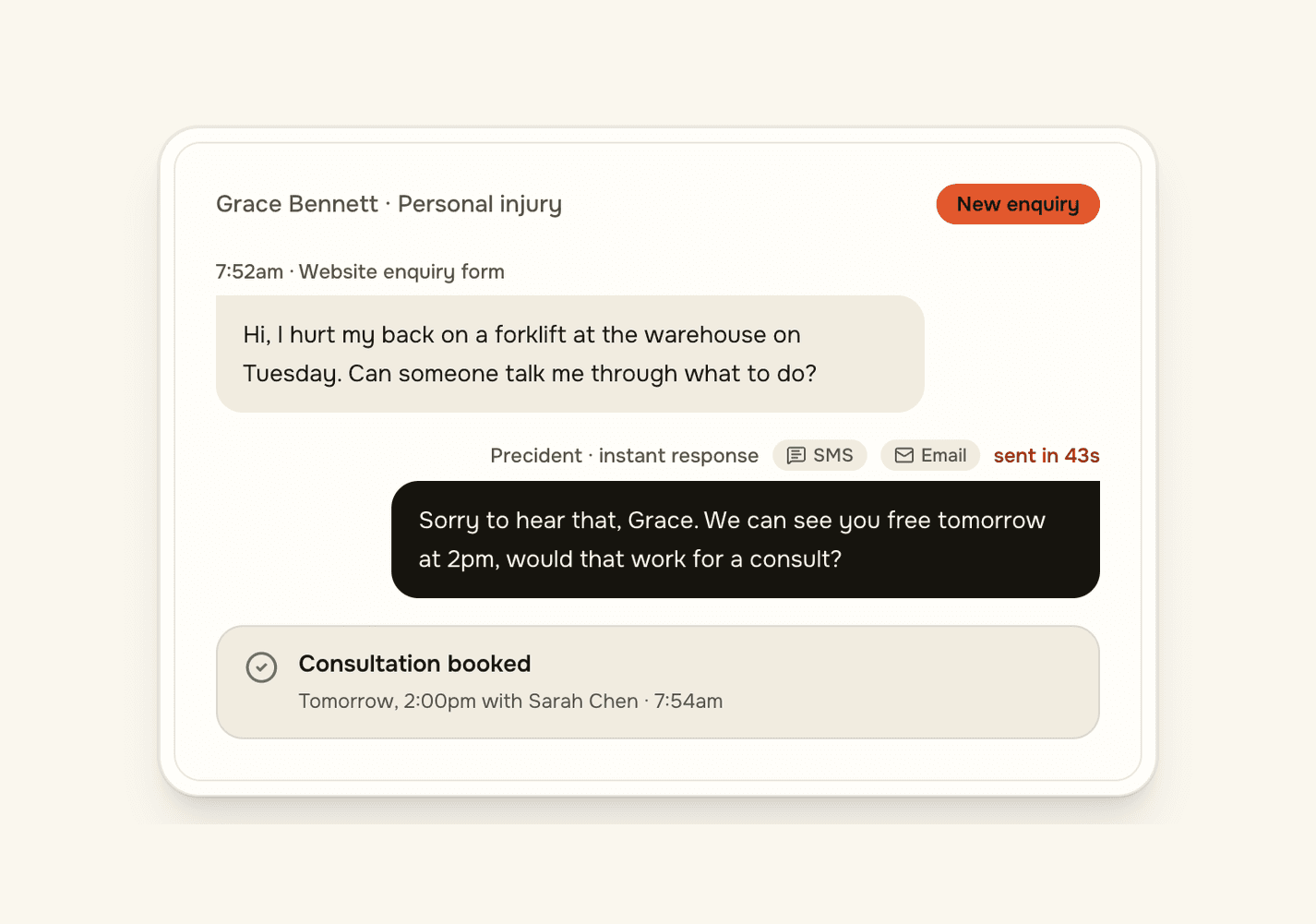 Precident conversation view showing an automatic text sent after a missed call