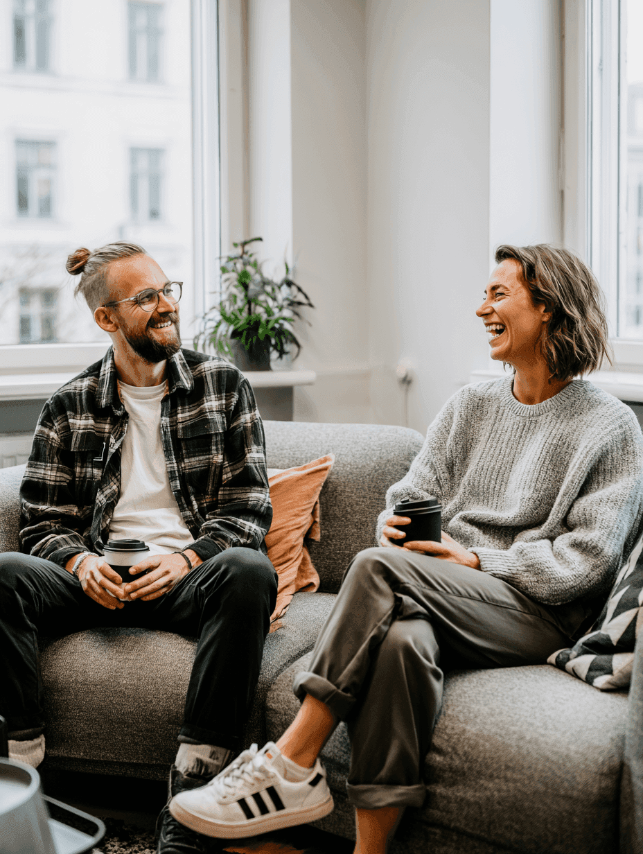 Two people chatting on a couch in a relaxed lounge space
